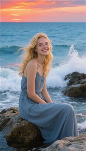 日暮黄昏海边礁石欧美美女写真图片